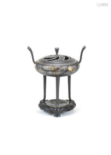 An inlaid iron koro (incense burner) with en-suite cover Mei...