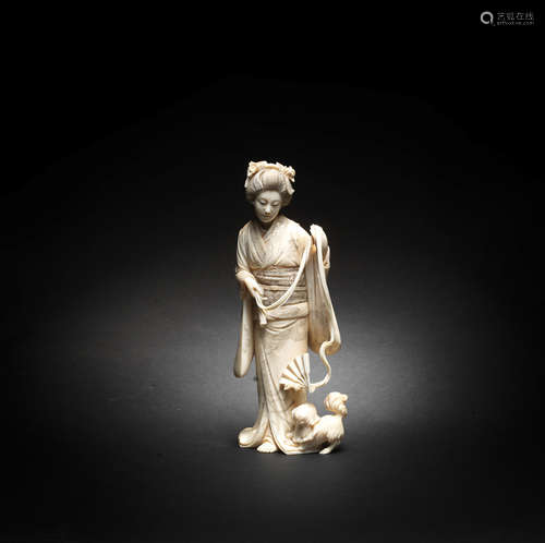 An ivory okimono of a bijin with a Chin dog By Yukimasa, Mei...