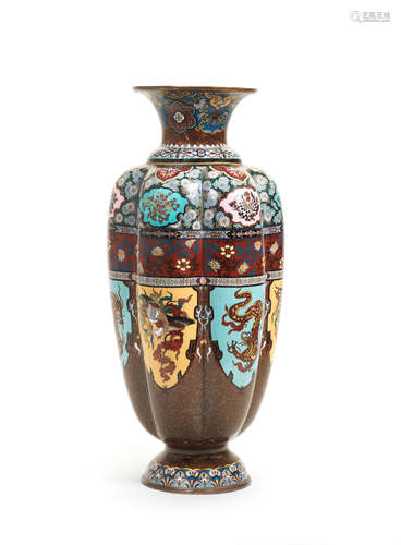 A cloisonné-enamel tall hexagonal vase Meiji era (1868-1912)...