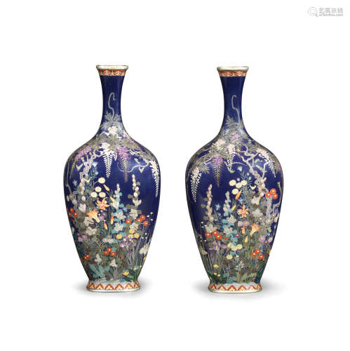 A pair of cloisonné-enamel slender rectangular vases Meiji e...