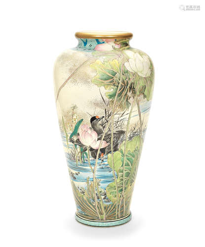 A Satsuma tall slender vase By Hamada, Meiji era (1868-1912)...