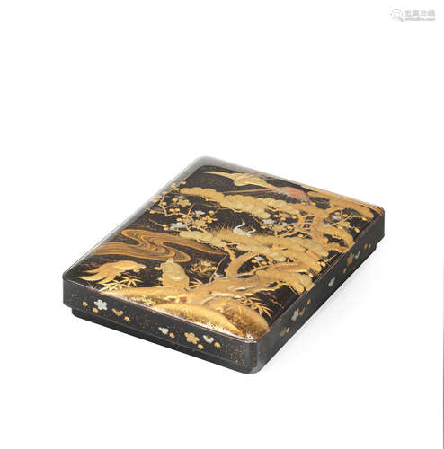 A gold-lacquer and roiro (black-lacquer) suzuribako (box for...