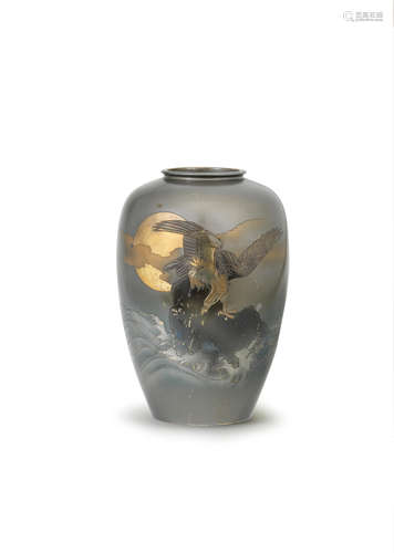 An inlaid shibuichi ovoid vase By Seifu, Meiji (1868-1912) o...