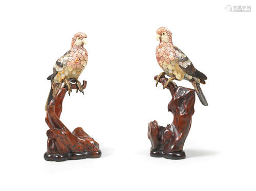 A pair of shibayama-style and ivory-inlaid parrots By Kiyoto...