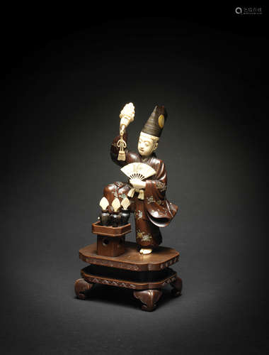 A wood and ivory okimono of a Sanbaso dancer By Masatsune, M...