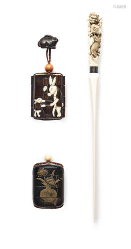 Three inro and an ivory paper knife Taisho (1912-1926) or Sh...