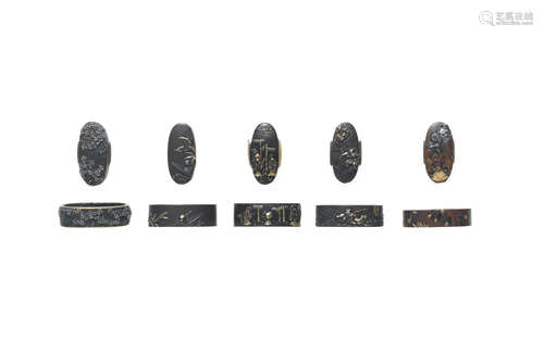 Five fuchi-gashira (matching hilt collars and pommels) Edo p...