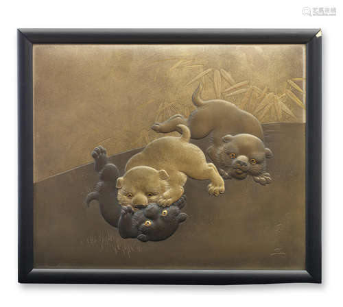 A framed bronze plaque By Ota Harukage, Taisho (1912-1926) o...