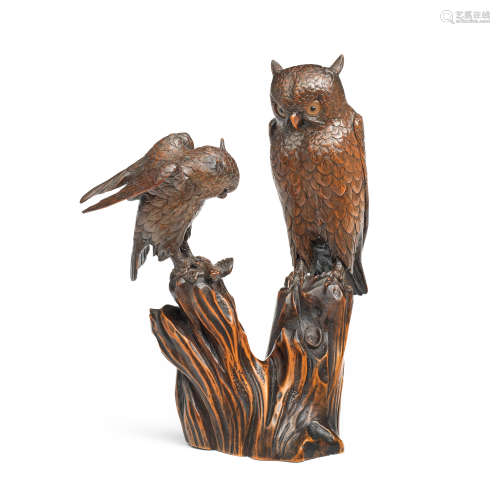A wood okimono sculpture of two owls By Jigaku, Meiji era (1...