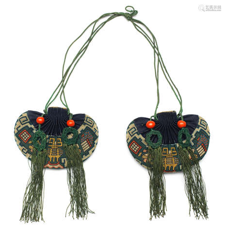 AN UNUSUAL PAIR OF GREEN-GROUND EMBROIDERED 'HUNDRED ANTIQUE...