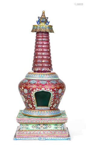 A RARE FAMILLE ROSE RUBY-RED-GROUND BUDDHIST STUPA 18th cent...
