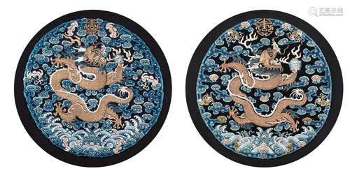 A PAIR OF EMBROIDERED SILK 'DRAGON' ROUNDELS FOR A NOBLEWOMA...