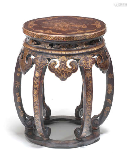 A GILT-DECORATED BLACK LACQUER BARREL-SHAPED STOOL 18th cent...