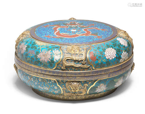 A LARGE CLOISONNÉ ENAMEL AND GILT-BRONZE 'DRAGON' BOX AND CO...