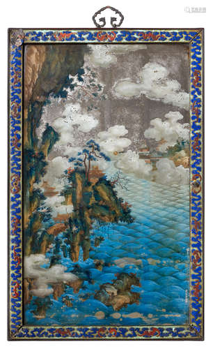 A RARE REVERSE GLASS 'LANDSCAPE' MIRROR PAINTING 18th centur...