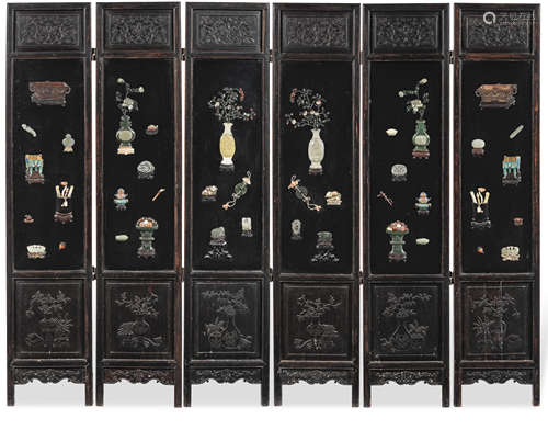 A SIX-LEAF INLAID BLACK LACQUER 'HUNDRED ANTIQUES' SCREEN La...