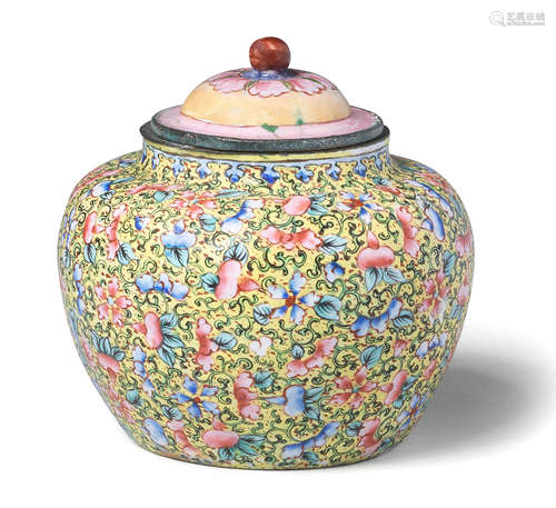 A PAINTED ENAMEL YELLOW-GROUND JAR AND A COVER 18th century