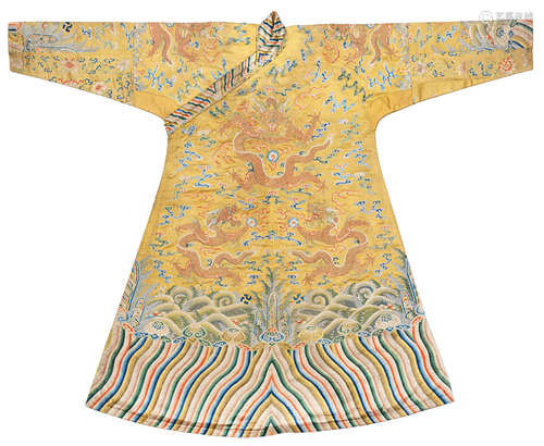 A VERY RARE IMPERIAL YELLOW SATIN EMBROIDERED CHUBA The silk...