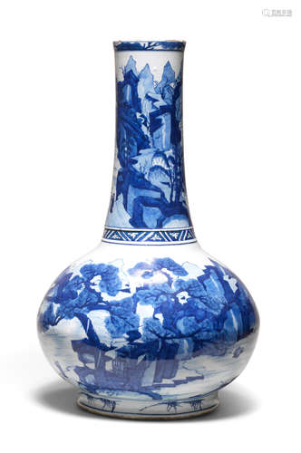 AN UNUSUAL LARGE BLUE AND WHITE 'RIVER LANDSCAPE' BOTTLE VAS...