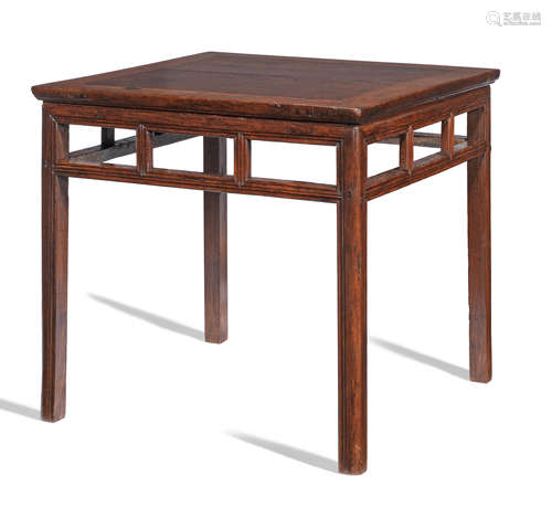 A HUANGHUALI AND BURLWOOD-INSET SQUARE TABLE, BANZHUO 19th c...