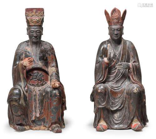 A RARE LARGE PAIR OF LACQUERED WOOD FIGURES OF DIGNITARIES S...