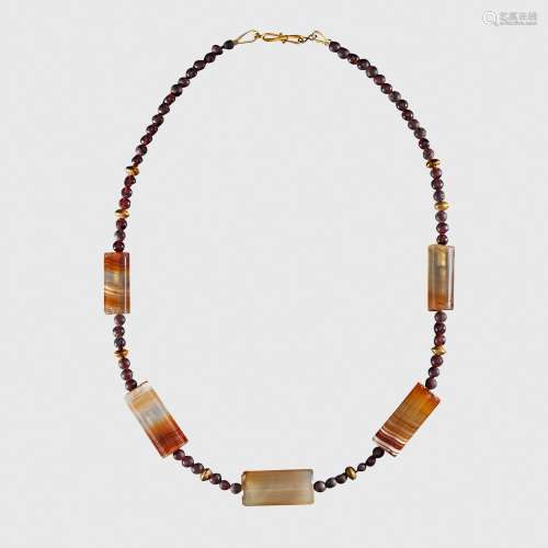 HELLENISTIC GARNET, AGATE AND GOLD BEAD NECKLACE EASTERN MED...