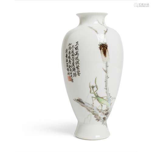 FAMILLE ROSE 'MANTIS AND CICADA' VASE REPUBLIC PERIOD