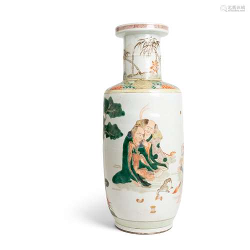 LARGE WUCAI ROULEAU VASE QING DYNASTY, 19TH CENTURY