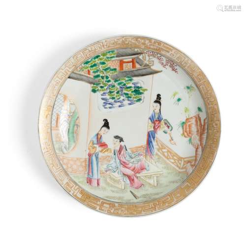 FAMILLE ROSE 'SCHOLAR NAPPING AT GARDEN' PLATE QING DYNASTY,...