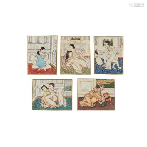Y GROUP OF FIVE EROTIC PAINTINGS ON IVORY INDIA, 19TH CENTUR...