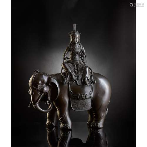 LARGE BRONZE SCULPTURE GROUP OF FUGEN BOSATSU LATE EDO TO ME...