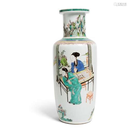 WUCAI 'SCHOLAR AT LEISURE' ROULEAU VASE LATE MING TO EARLY Q...