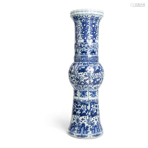 LARGE BLUE AND WHITE LOBBED VASE, GU WANLI MARK AND OF THE P...