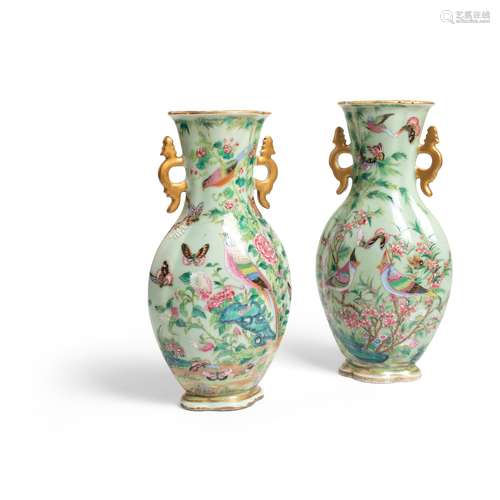 LARGE PAIR OF FAMILLE ROSE CELADON GROUND VASES QING DYNASTY...