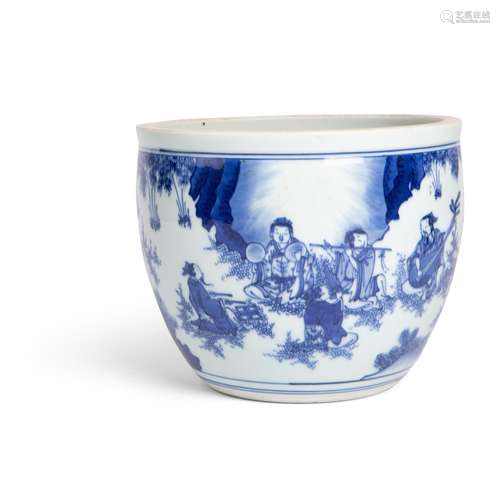 BLUE AND WHITE 'SEVEN SAGES OF THE BAMBOO GROVE' BASIN KANGX...