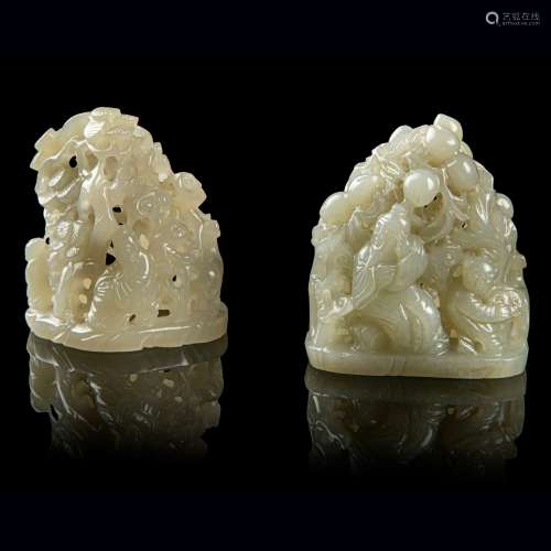 TWO PALE CELADON JADE CARVING OF SMALL BOULDERS LATE MING TO...
