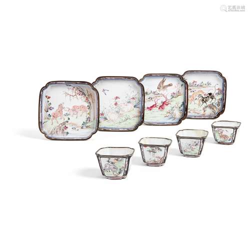 FOUR SETS OF CANTON ENAMEL SQUARE TEA CUPS AND SAUCERS QING ...