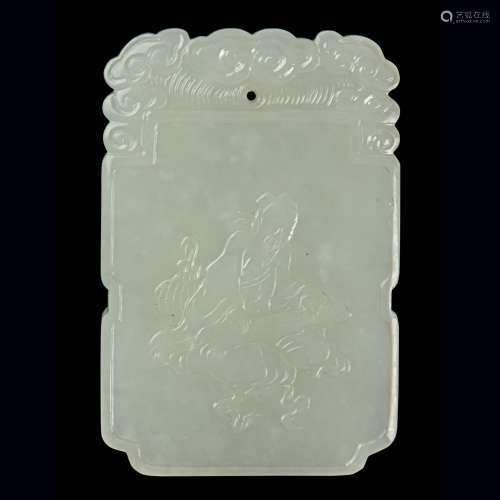 PALE CELADON ' SCHOLAR PLAYING MUSIC' JADE PLAQUE QING DYNAS...