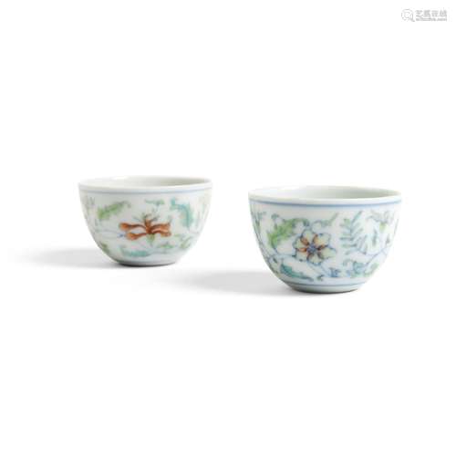 PAIR OF DOUCAI 'FLOWER' CUPS KANGXI MARK BUT 19TH CENTURY