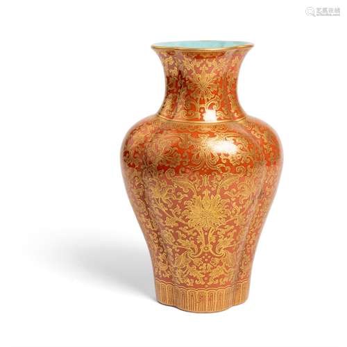 GILT-DECORATED CORAL-RED GROUND LOBBED VASE JIAQING MARK, 19...