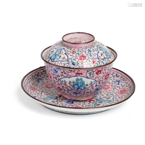 CANTON ENAMEL PINK-GROUND TEACUP WITH COVER AND SAUCER QING ...