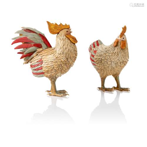 Y PAIR OF POLYCHROMED IVORY HEN AND COCKEREL MEIJI PERIOD