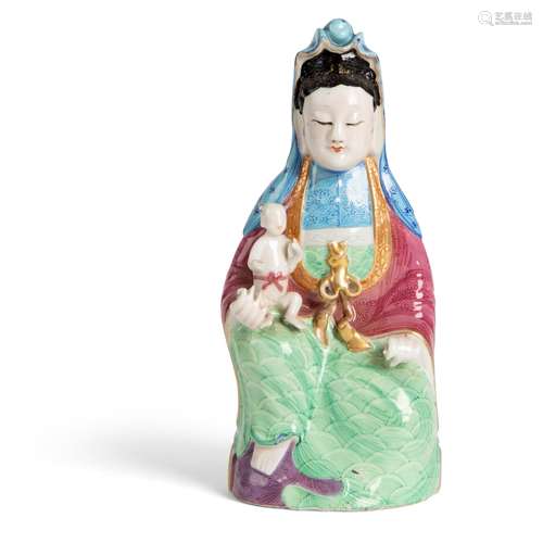 FAMILLE ROSE SEATED GUANYIN BESTOWING A SON QING DYNASTY, 19...