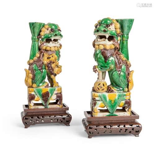 PAIR OF SANCAI-GLAZED JOSS STICK HOLDERS QING DYNASTY, 18TH ...