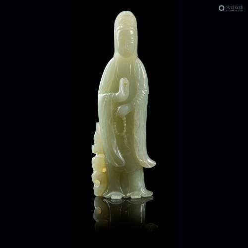 PALE CELADON JADE CARVING OF GUANYIN QING DYNASTY, 19TH CENT...