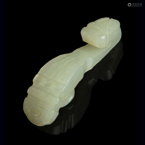 SMALL PALE CELADON JADE 'QIN' BELT HOOK QING DYNASTY, 18TH-1...