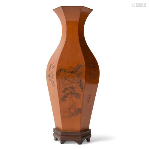 HEXAGONAL VASE WITH BAMBOO APPLIQUE LATE QING DYNASTY-REPUBL...