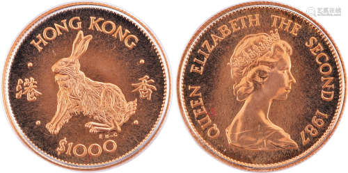 香港1987年(兔) QEⅡ$1000 紀念金幣(16g) 連原裝盒