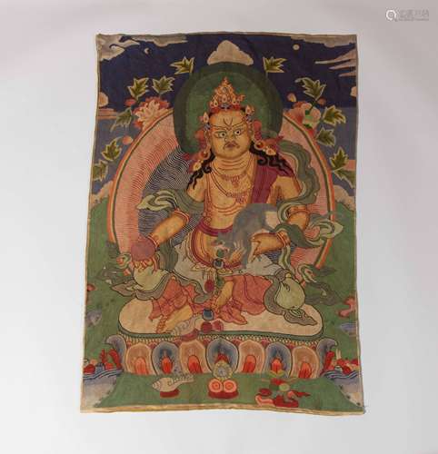 Embroidered Yellow God of Wealth Thangka