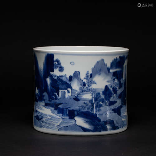 Blue and White Landscape Stories Pen Holder Qing Dynasty